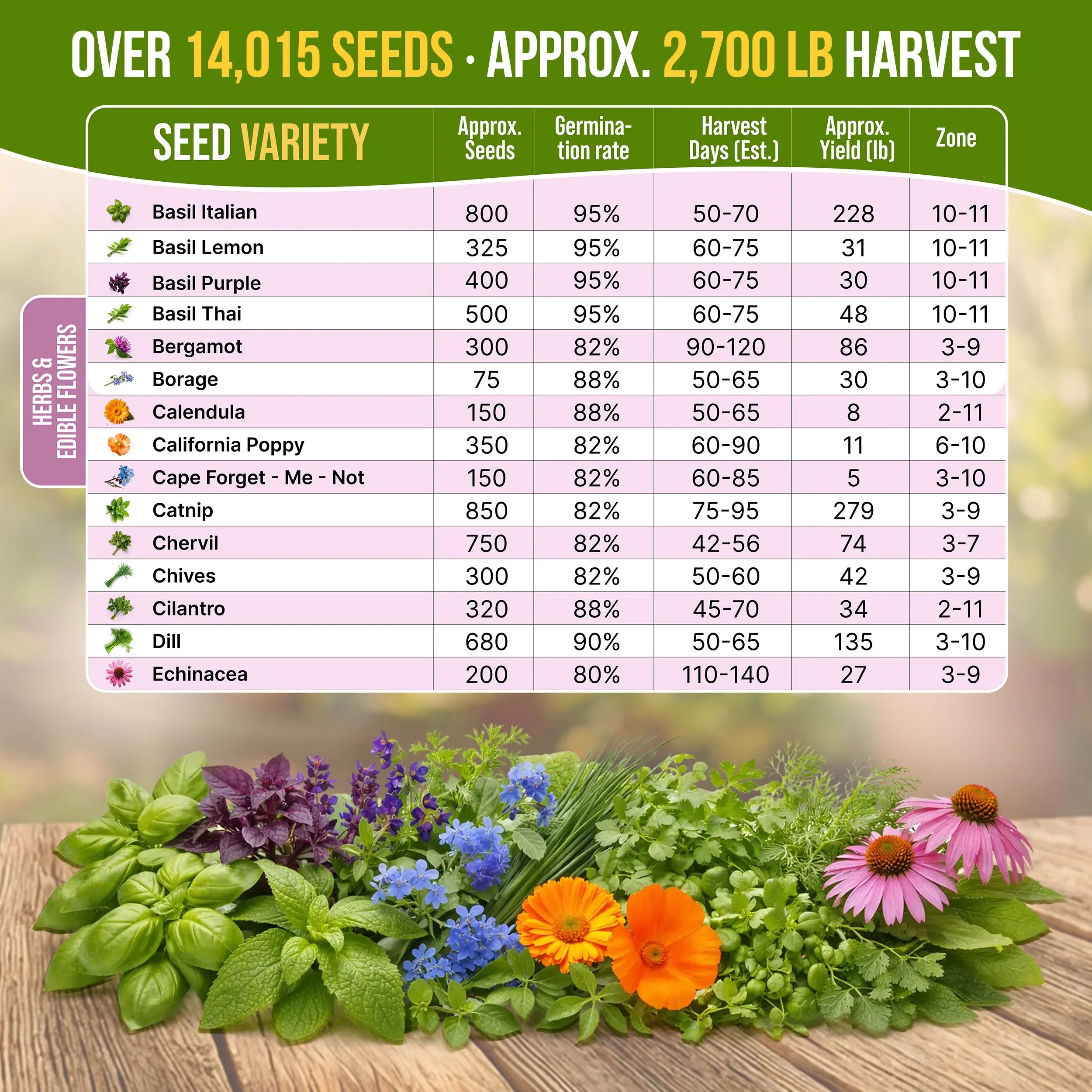 30 Culinary Herbs & Edible Flower Seeds Variety Pack