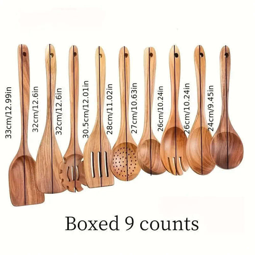 Wooden Cooking Utensils Set, 9 Counts/Set Non-Stick & Spoons Set, Colander, Kitchen Cooking Utensils Set, Kitchen Cooking Accessories, Wooden Cooking Tools
