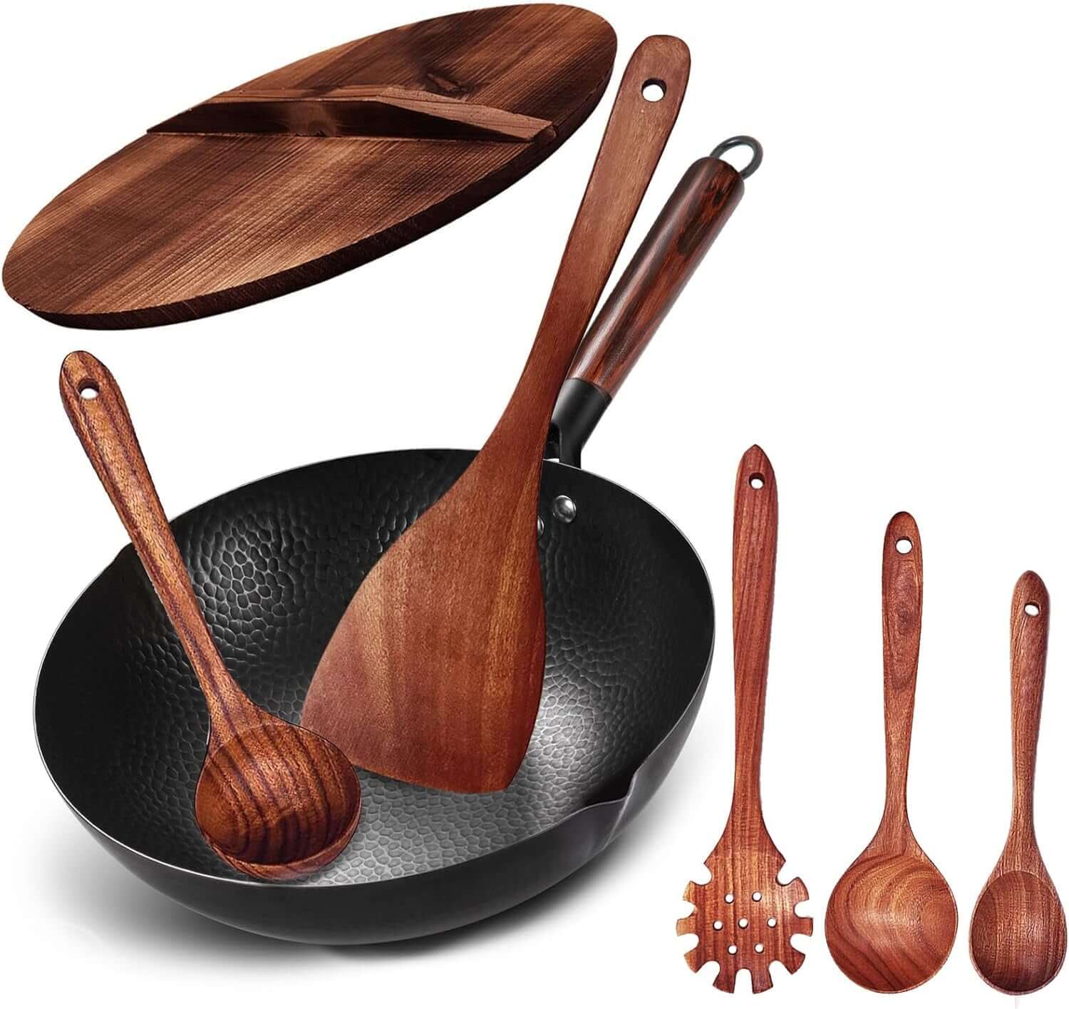 Wok Pan 12.5" Carbon Steel Wok Stir Fry Pan with Lid, Flat Bottom Chinese Wok Set with 6 Utensils Cookware Accessories for All Stoves