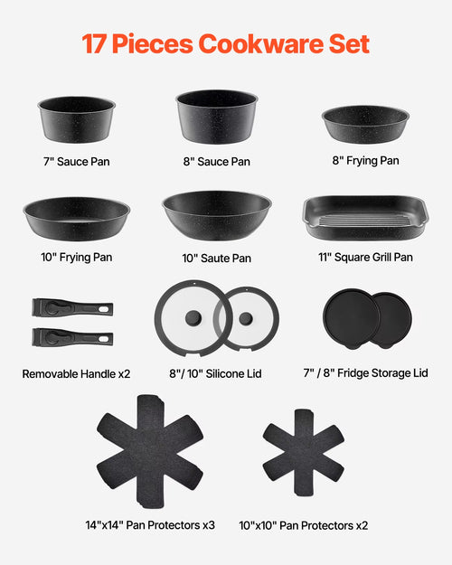 17 Pcs Nonstick Cookware Set Granite Pots and Pans Set Induction Cookwares Kitchen Cooking Set W/Frying Sauce Saute Pan
