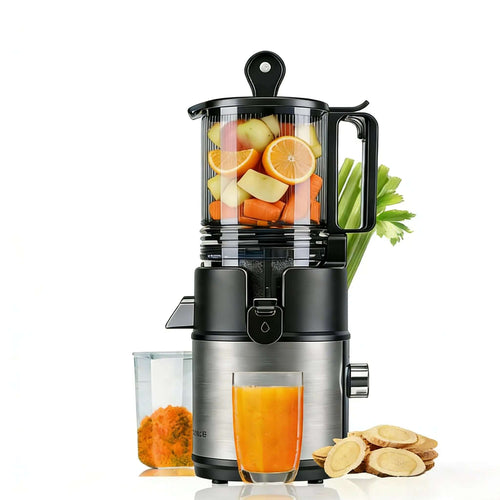 Vitaextra Juicer, Cold Press Juicer with 5.8" Large Feed Chute, Low Noise, Quiet Juicer, 250W AC Motor Juicers for Fruits and Vegetables, Carrots, Ginger, Frozen Fruits, Etc. High Juice Yield, Easy to Clean with a Brush,
