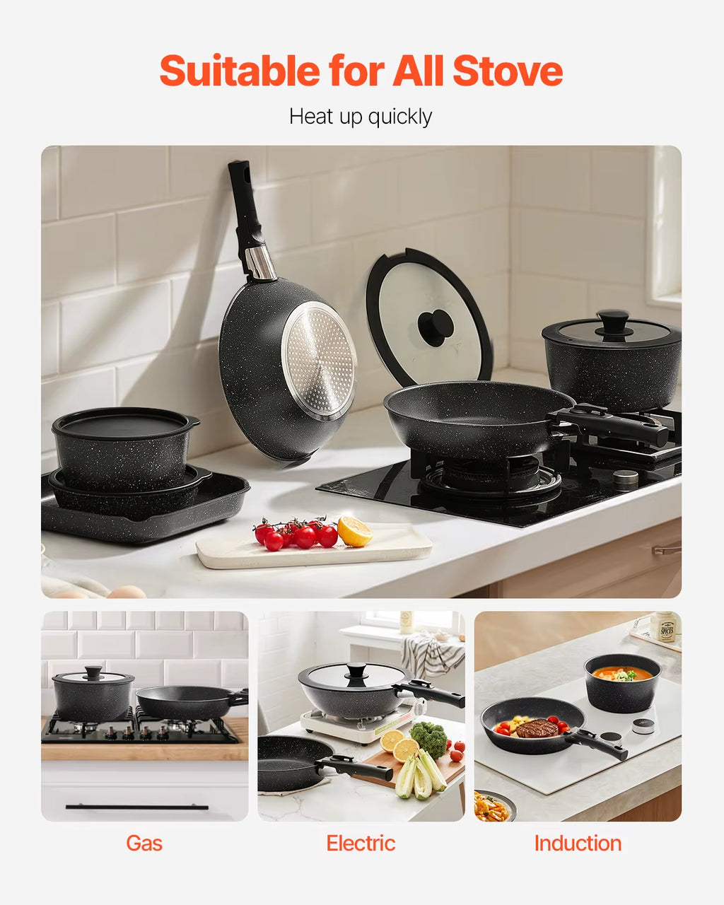 17 Pcs Nonstick Cookware Set Granite Pots and Pans Set Induction Cookwares Kitchen Cooking Set W/Frying Sauce Saute Pan