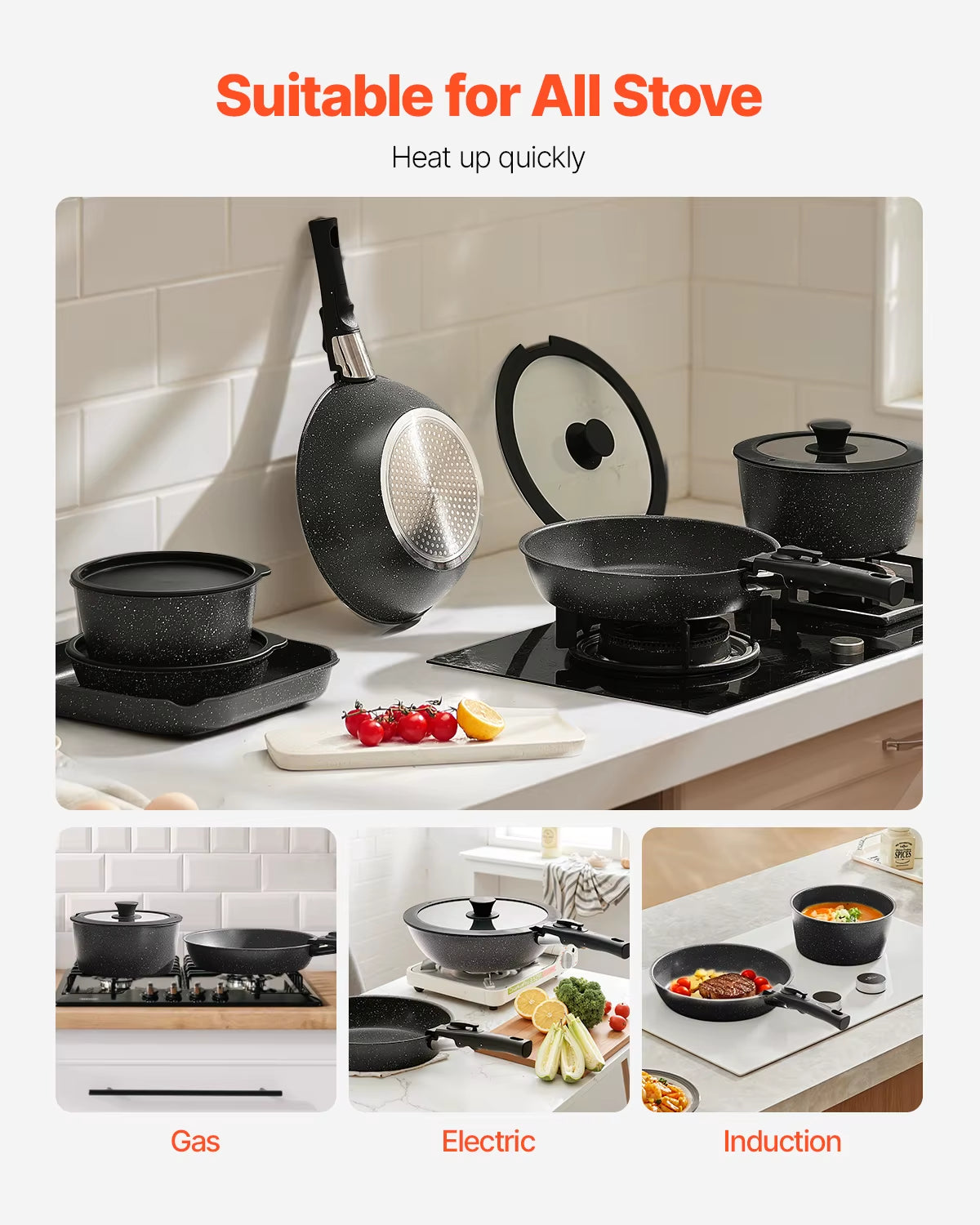 17 Pcs Nonstick Cookware Set Granite Pots and Pans Set Induction Cookwares Kitchen Cooking Set W/Frying Sauce Saute Pan