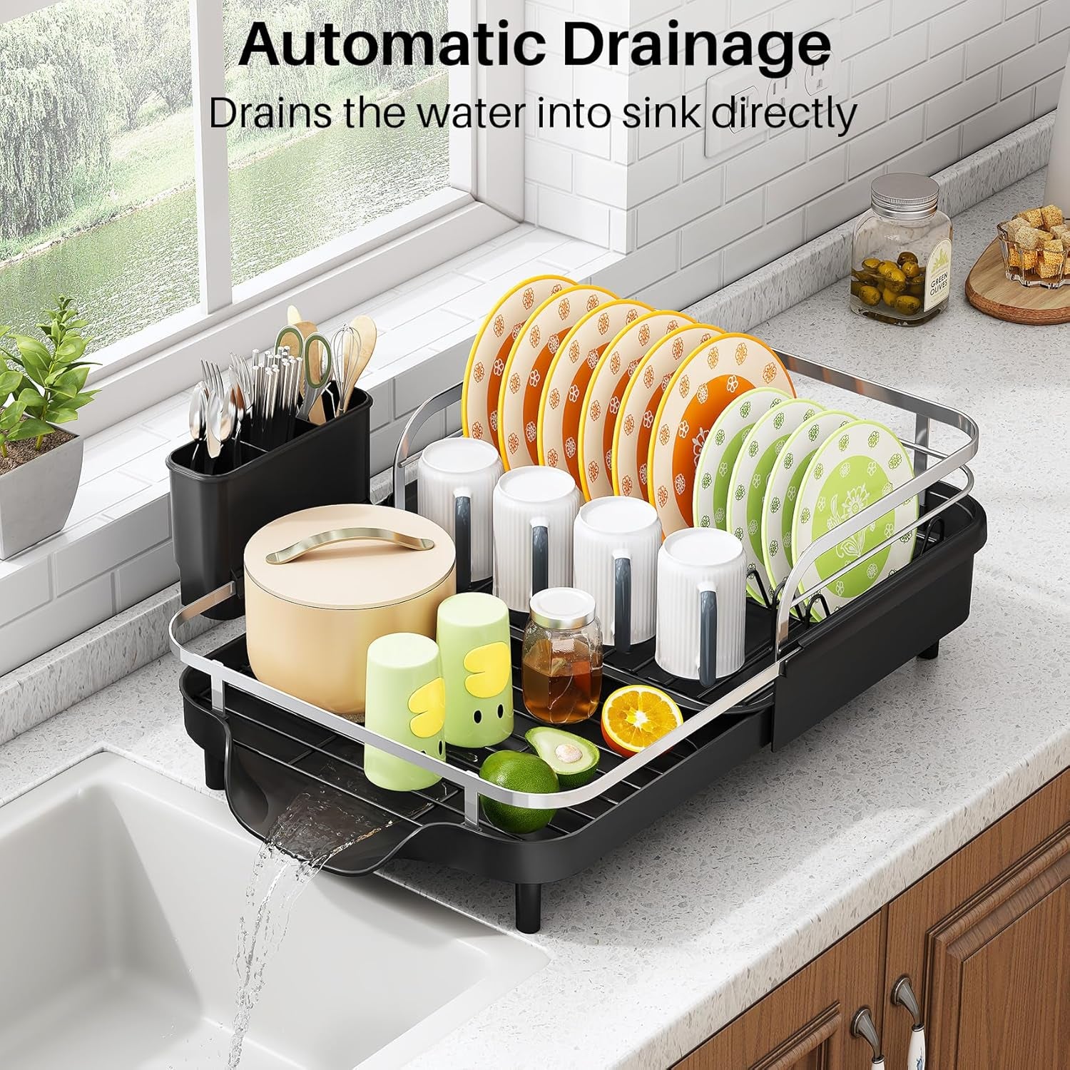 Expandable Rust-Resistant Dish Drying Rack with Utensil Holder (Black)