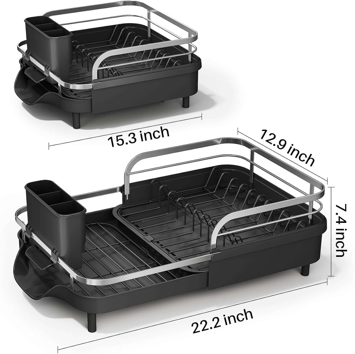 Expandable Rust-Resistant Dish Drying Rack with Utensil Holder (Black)