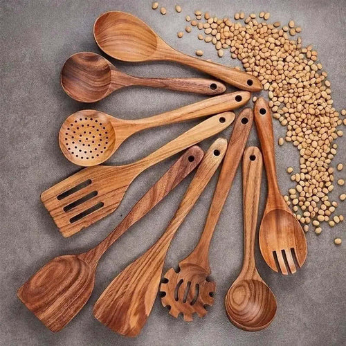 Wooden Cooking Utensils Set, 9 Counts/Set Non-Stick & Spoons Set, Colander, Kitchen Cooking Utensils Set, Kitchen Cooking Accessories, Wooden Cooking Tools