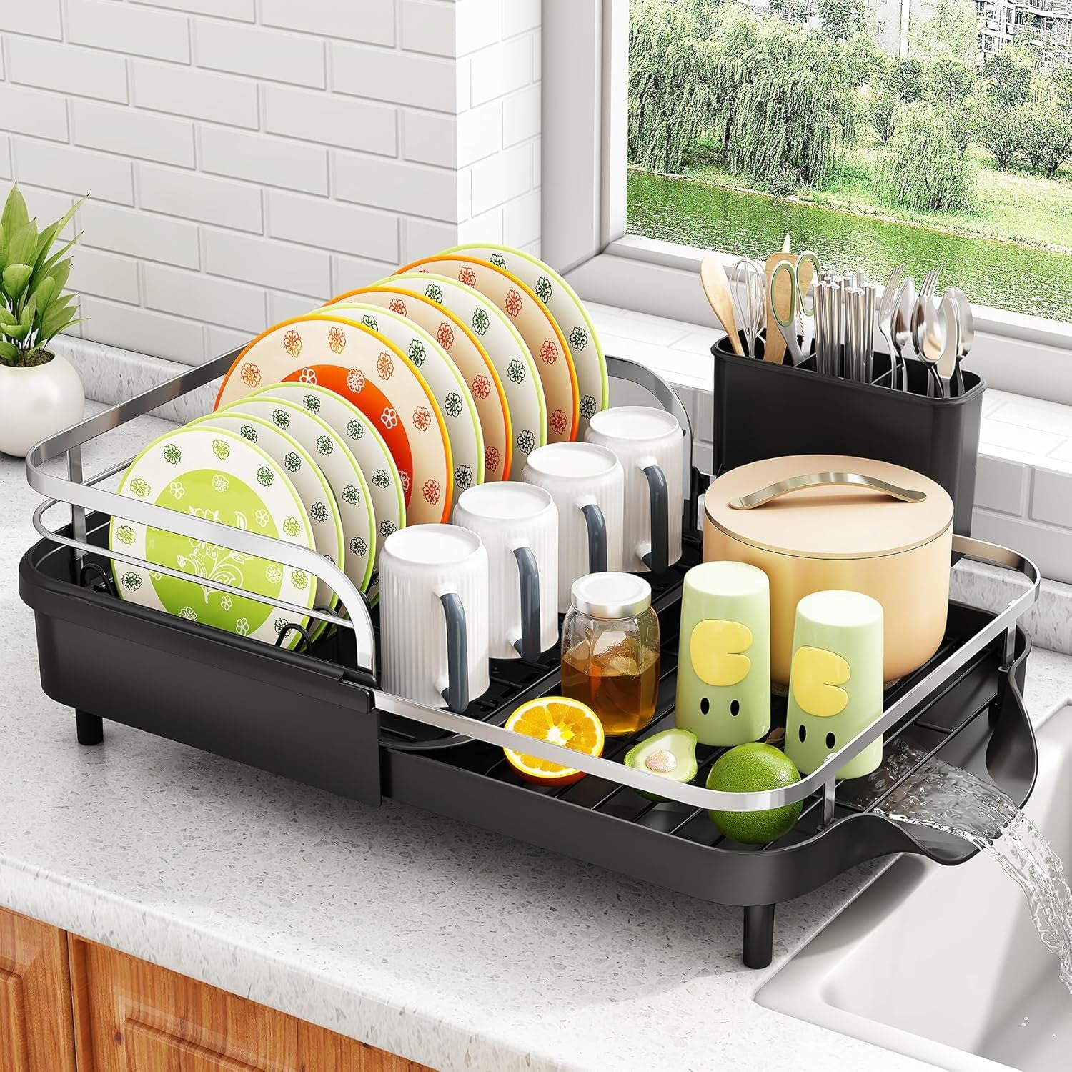 Expandable Rust-Resistant Dish Drying Rack with Utensil Holder (Black)